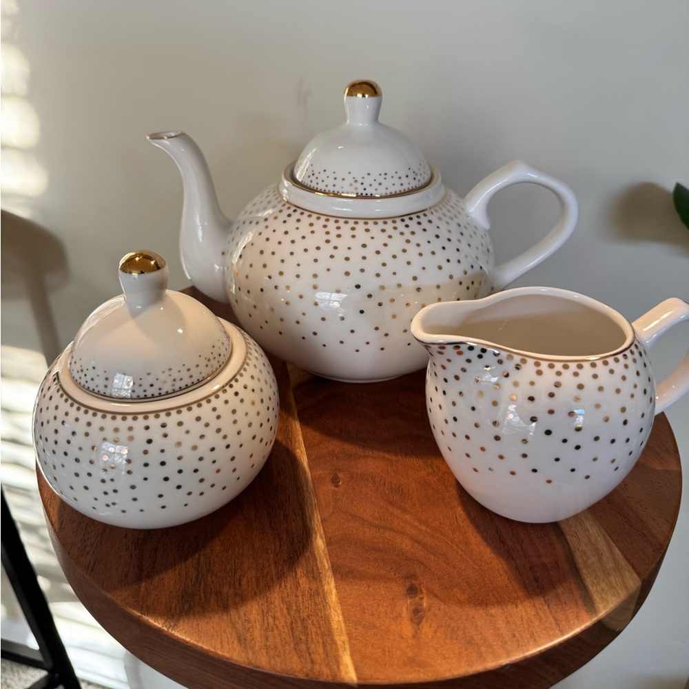 Grace's Teaware Metallic Gold Dots Teapot, Creamer, and Sugar Bowl Set